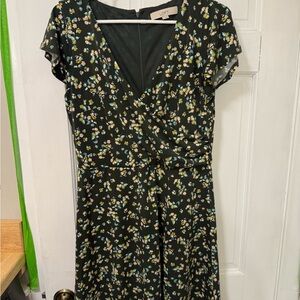 LOFT Dark Green Dress with Floral Print